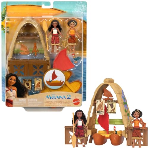 Mattel Disney Moana 2 Toys, Moana & Loto’s Workshop Playset with 2 Small Dolls, Heihei Figure, Floating Boat & 5 Accessories