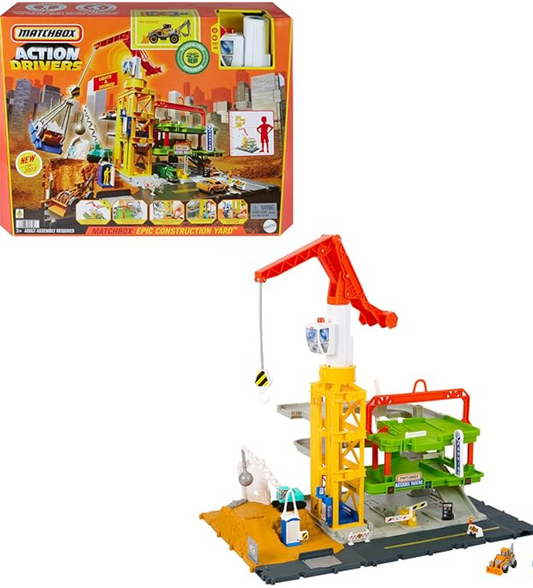 Matchbox Action Drivers Epic Construction Yard, 20-in Tall Working Crane & 1:64 Scale Back Hoe & Accessories